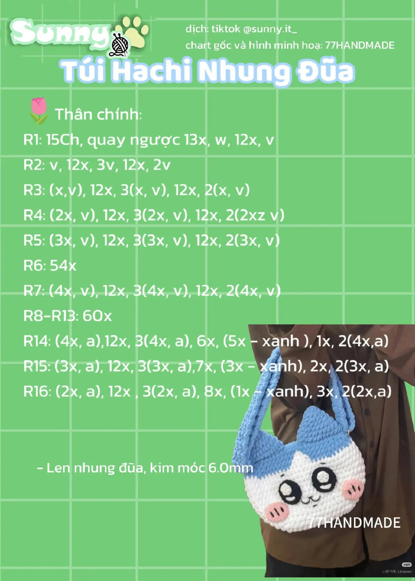 Chart móc len Túi Hachi Nhung Đũa xanh trắng dễ thương