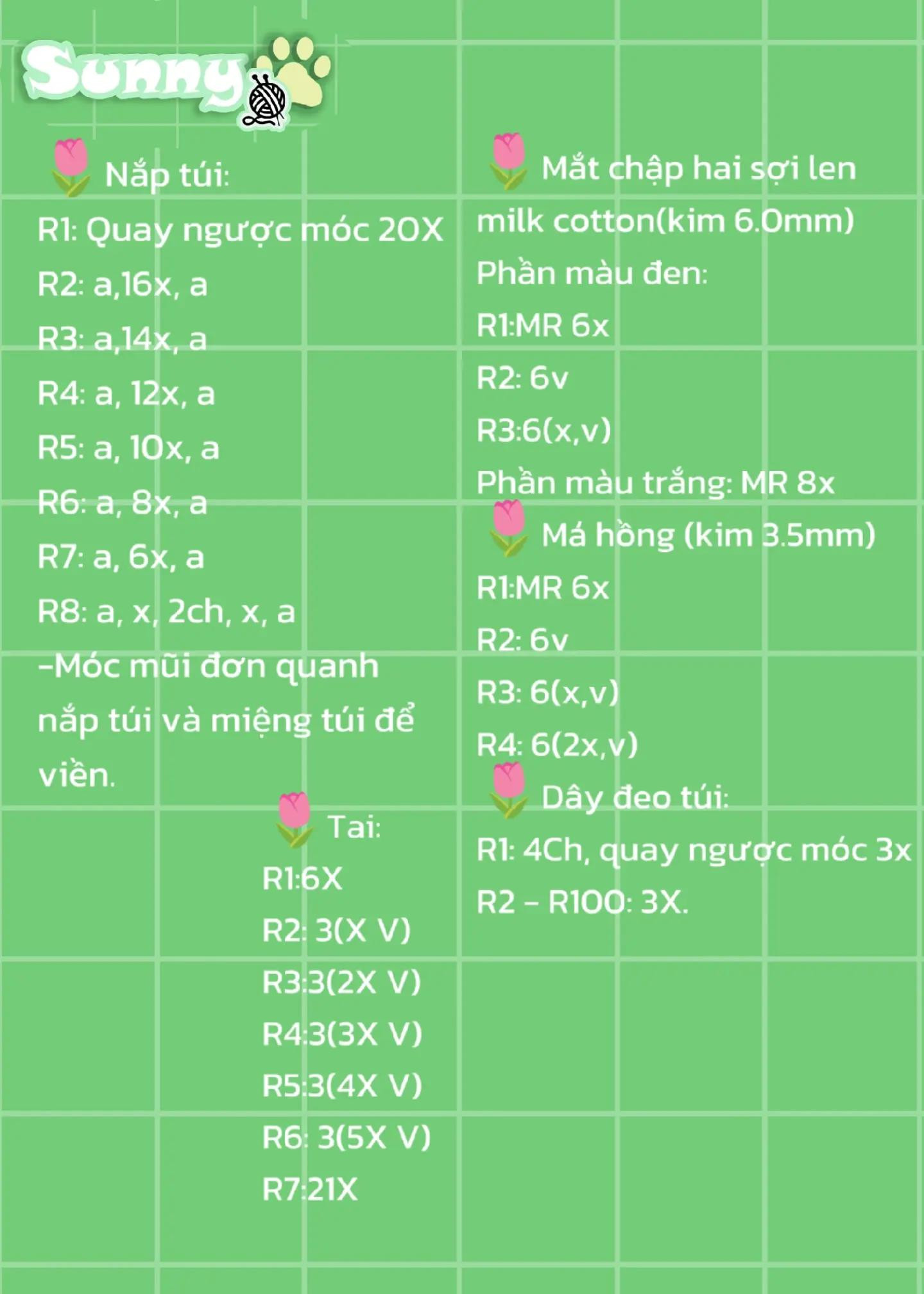 Chart móc len Túi Hachi Nhung Đũa xanh trắng dễ thương
