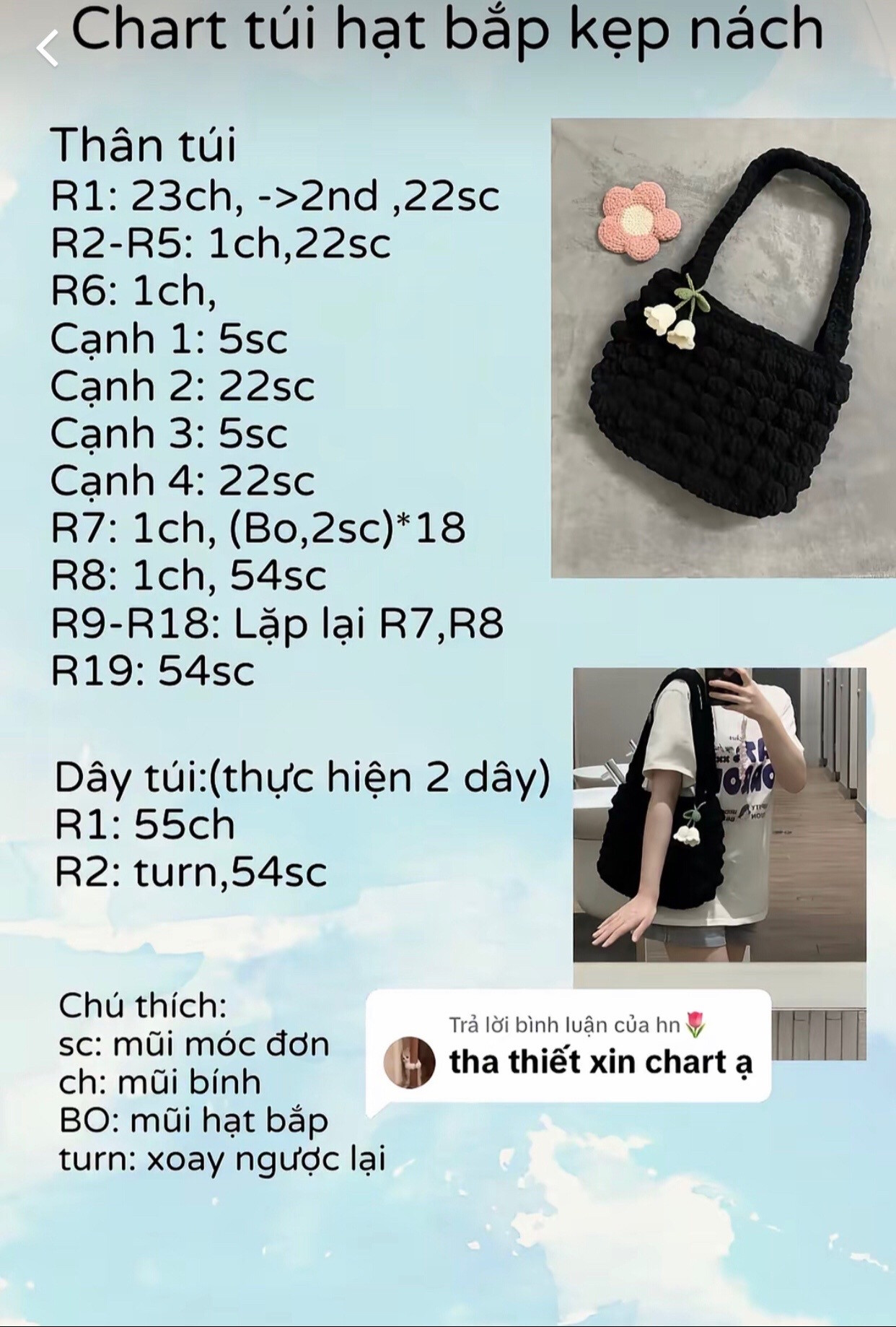 Chart móc len túi hạt bắp kẹp nách màu đen