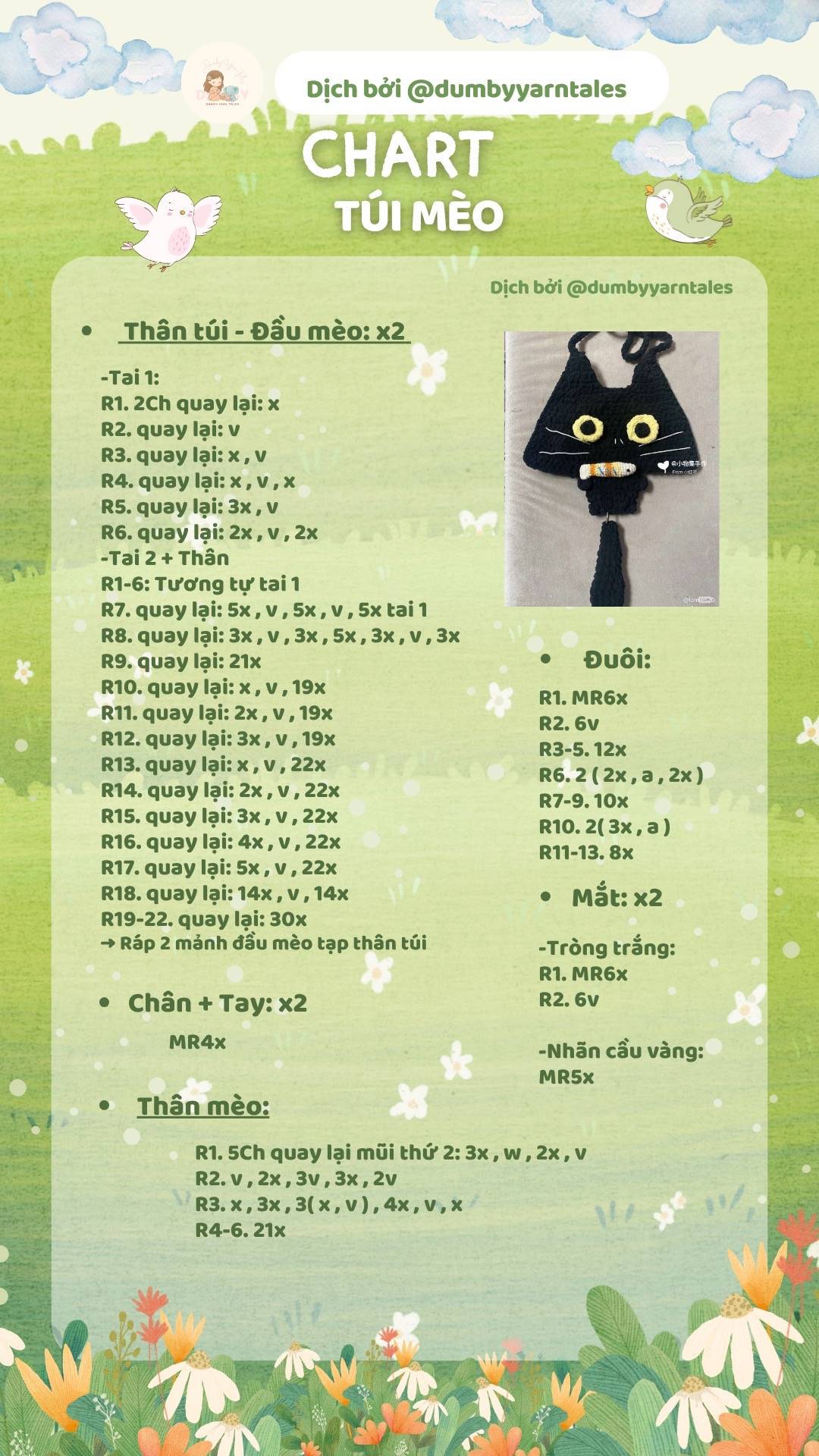 Chart móc len túi mèo đen cầm cá dễ thương