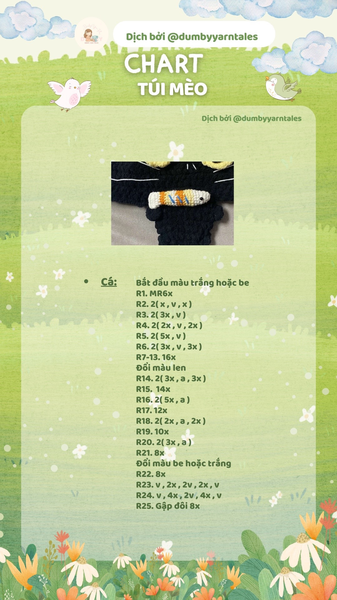 Chart móc len túi mèo đen cầm cá dễ thương