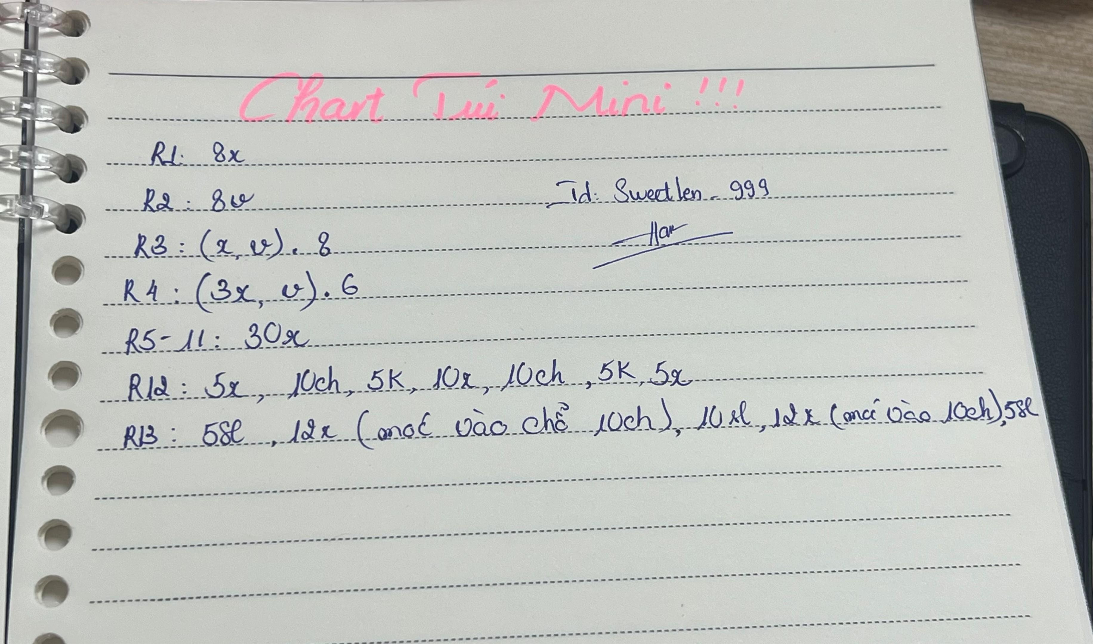 Chart móc len túi mini màu hồng kèm hoa trắng