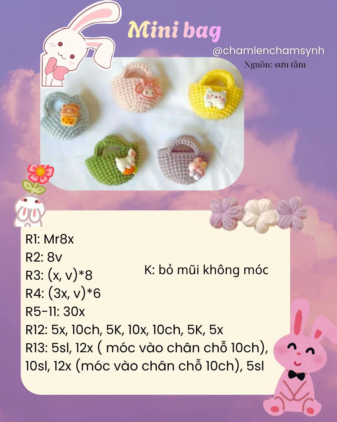 Chart móc len túi Mini và trứng ốp la mèo dễ thương