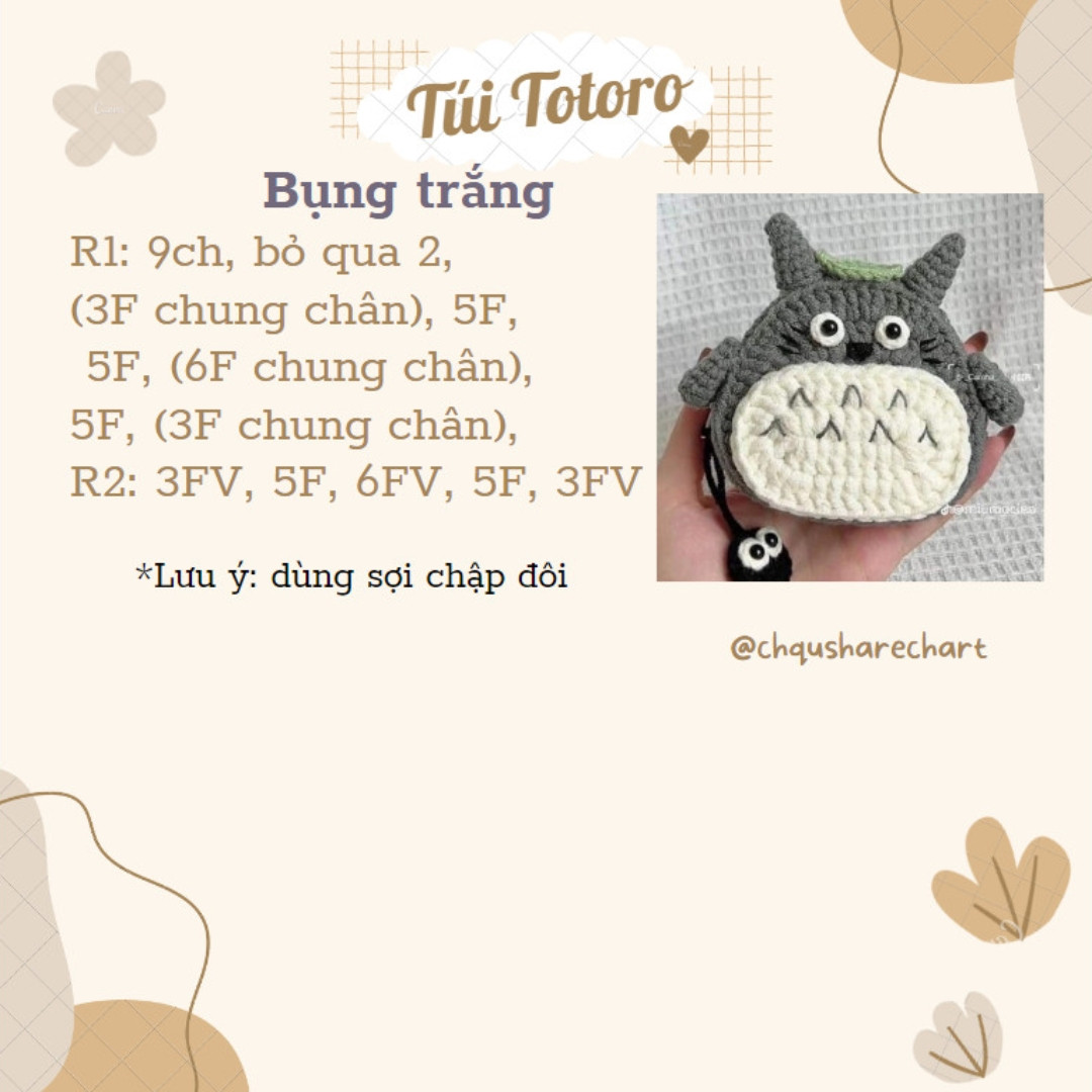 Chart móc len Túi Totoro: Thân, bụng trắng, tay, tai và lá