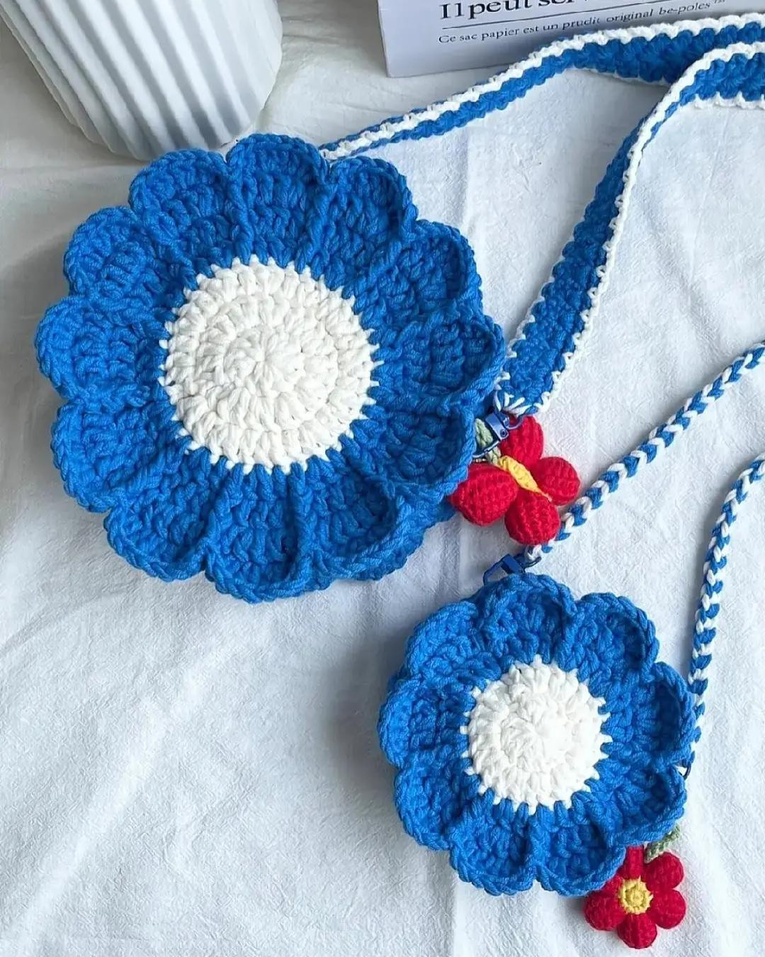 Chart Móc Len Túi Xách Hoa Hướng Dương Màu Sắc Sặc Sỡ Và Ví Nhỏ Đi Kèm