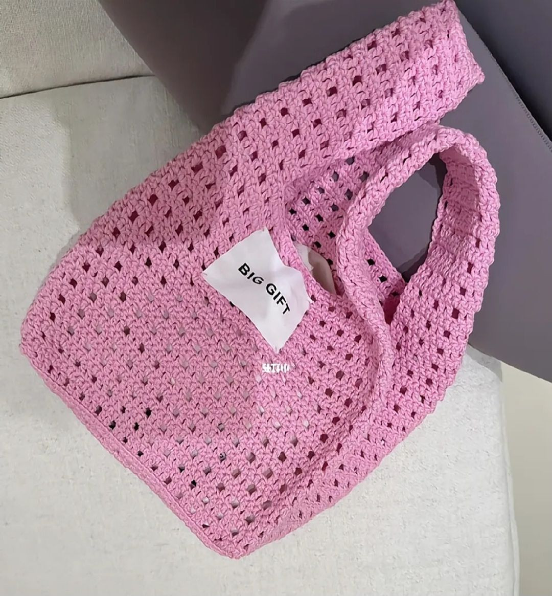 Chart Móc Len Túi Xách Lưới Hình Vuông Màu Xanh và Hồng