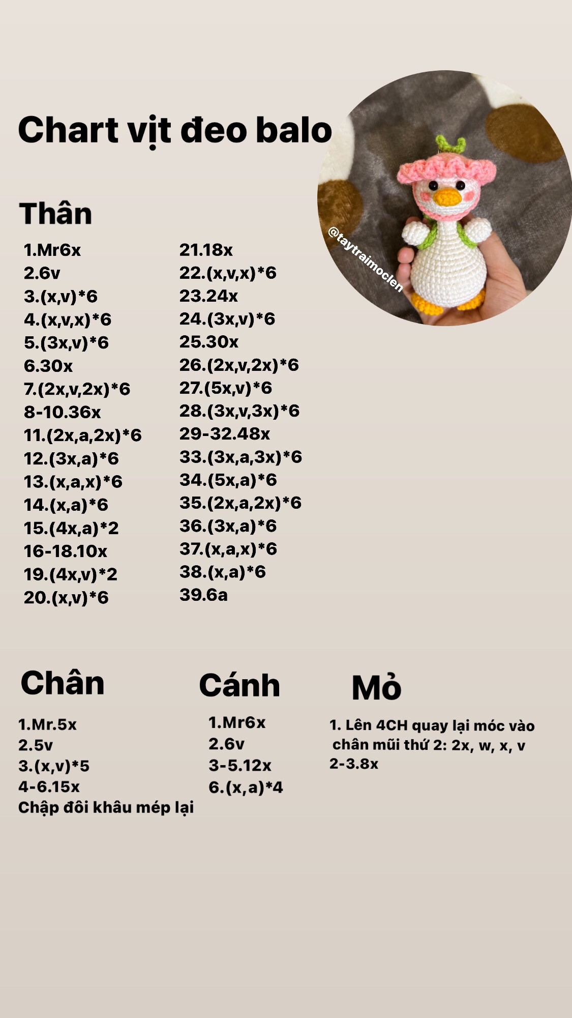 Chart móc len vịt đeo balo, thân chân cánh nón