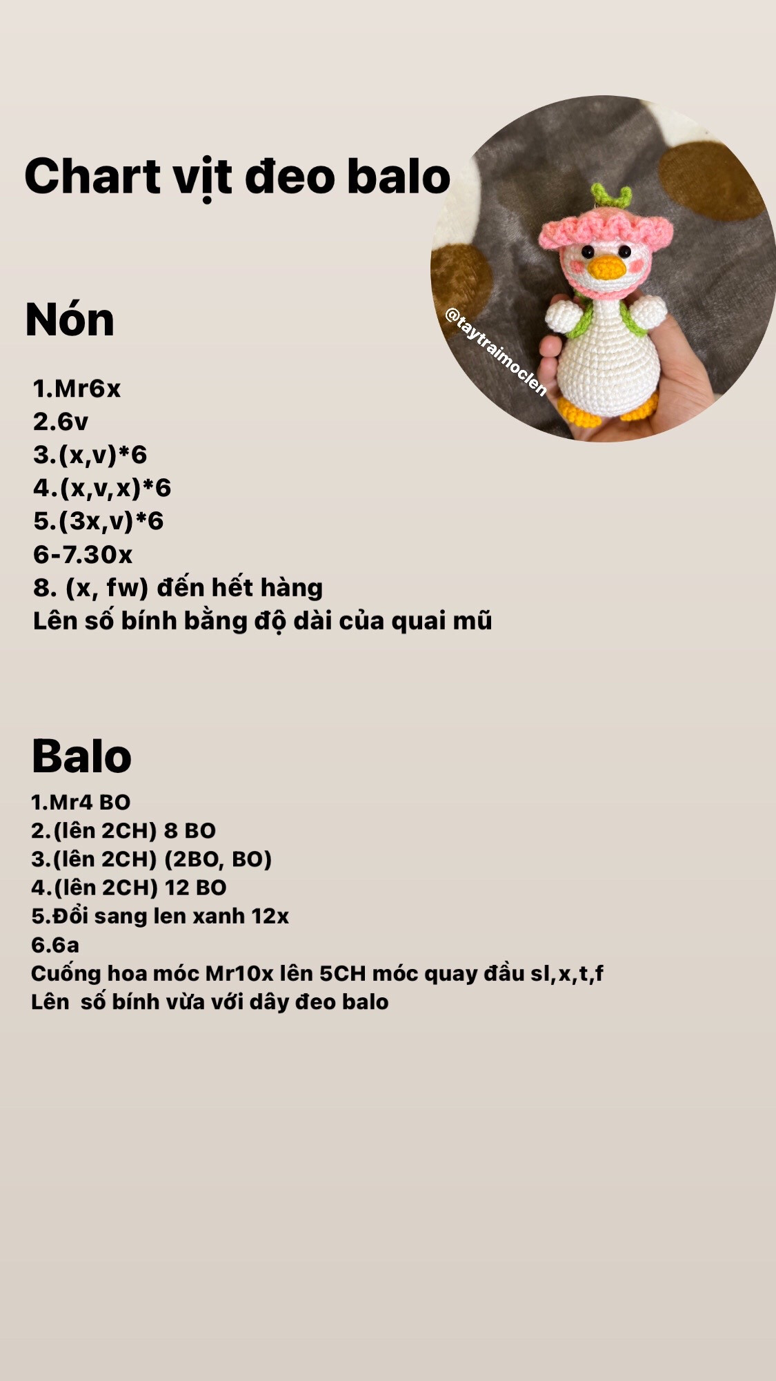 Chart móc len vịt đeo balo, thân chân cánh nón