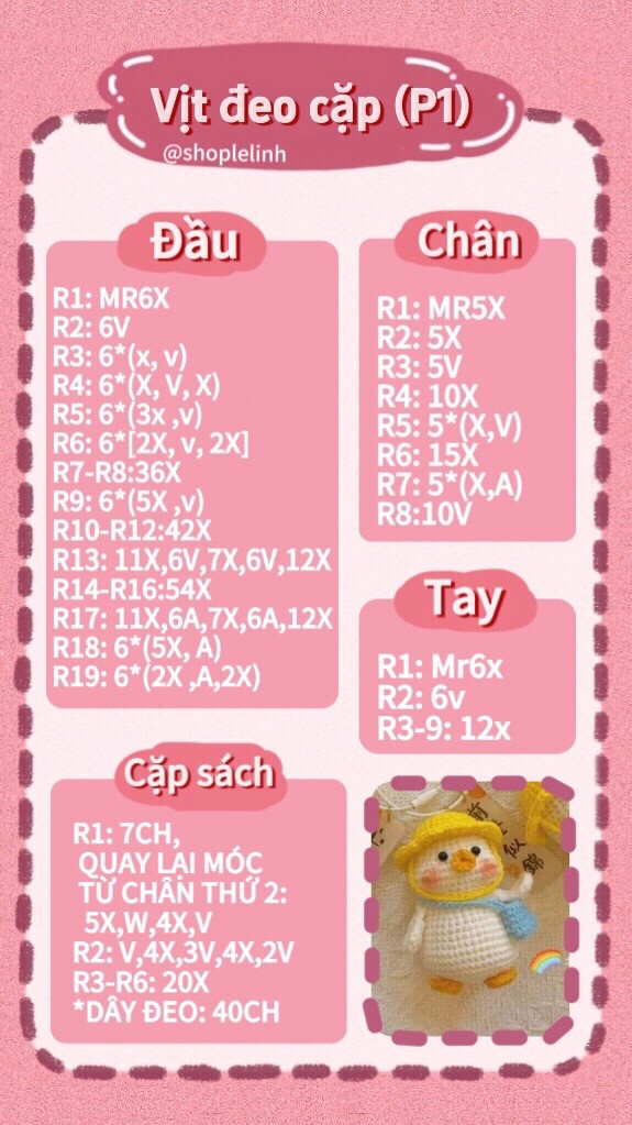 Chart móc len vịt đeo cặp dễ thương