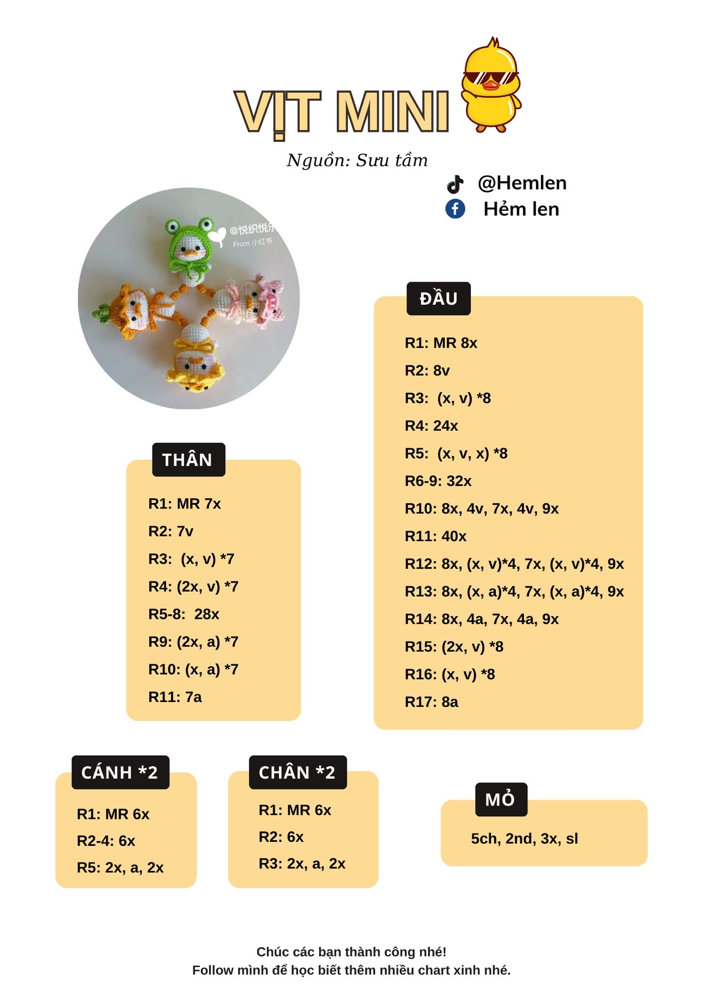 Chart Móc Len Vịt Mini: Hướng Dẫn Chi Tiết Đầu, Thân Và Phụ Kiện