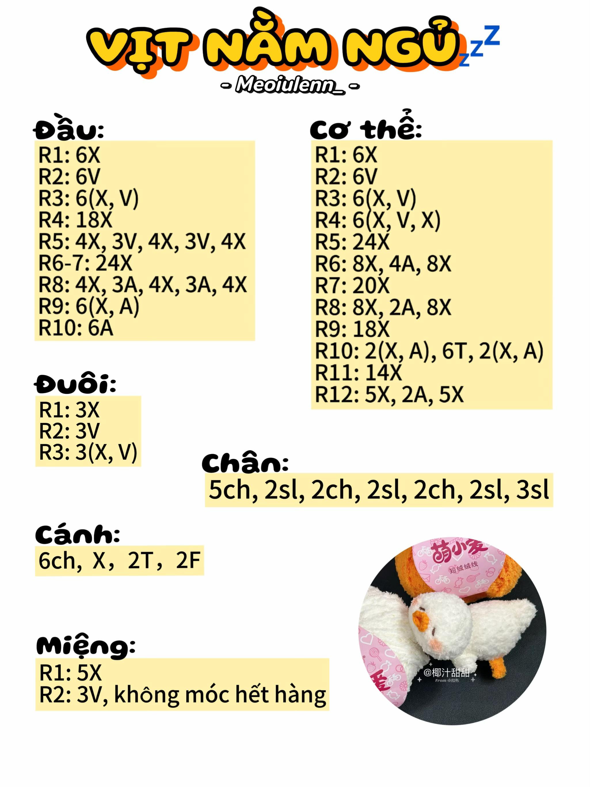 Chart Móc Len Vịt Nằm Ngủ Dễ Thương