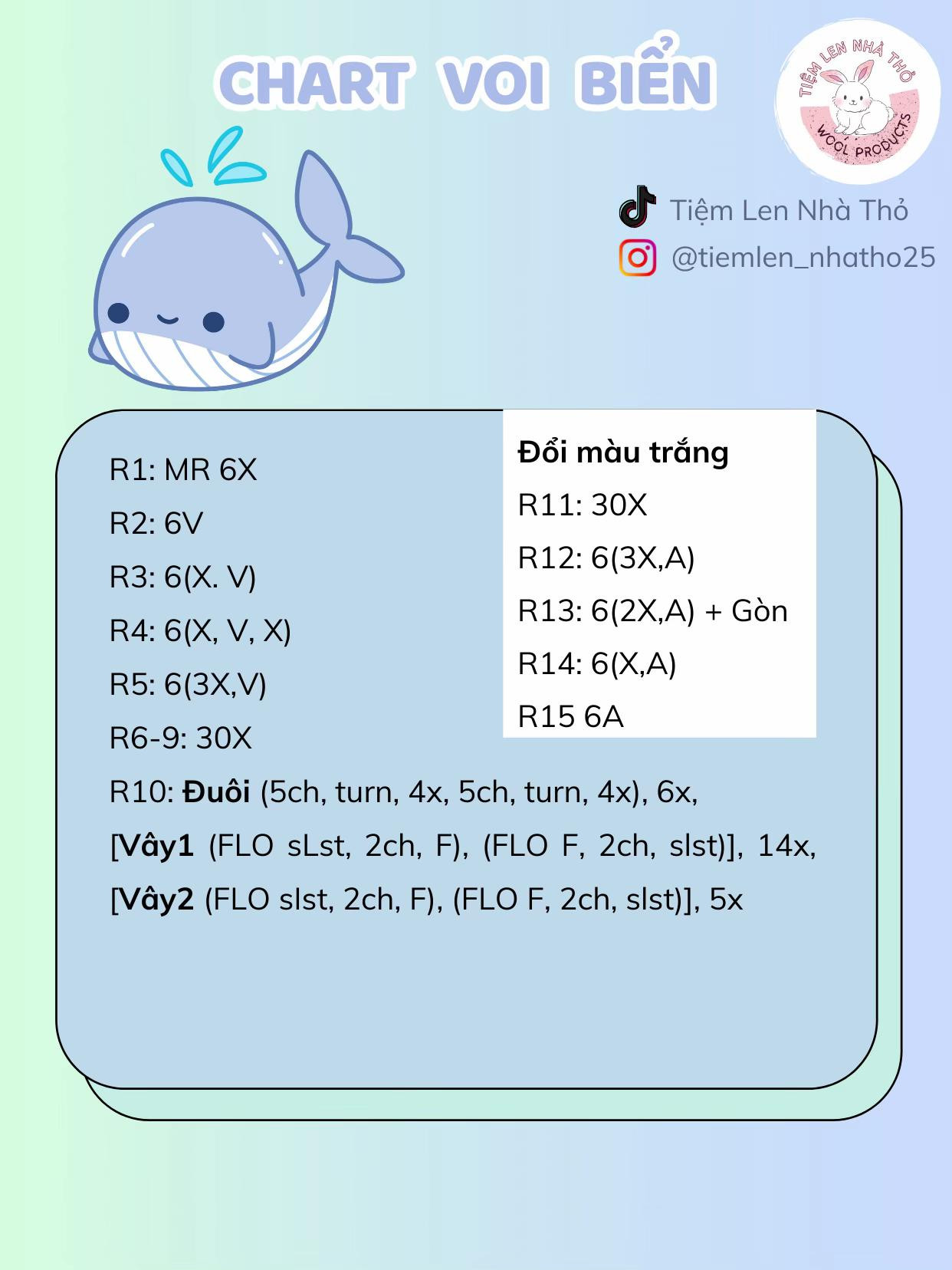Chart móc len voi biển xanh dễ thương, hướng dẫn chi tiết từng hàng