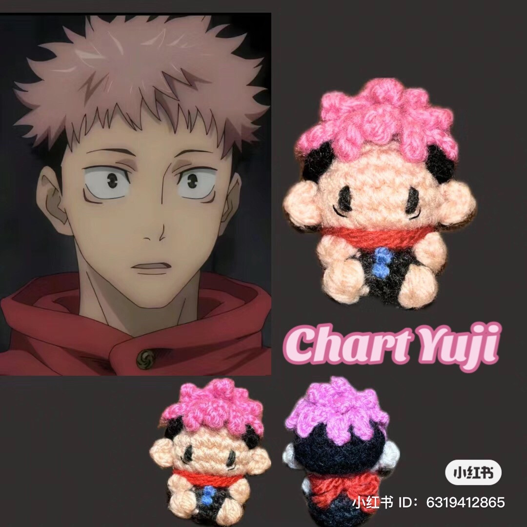 Chart móc len Yuji Itadori tóc hồng, hướng dẫn chi tiết từng hàng cho búp bê amigurumi dễ thương