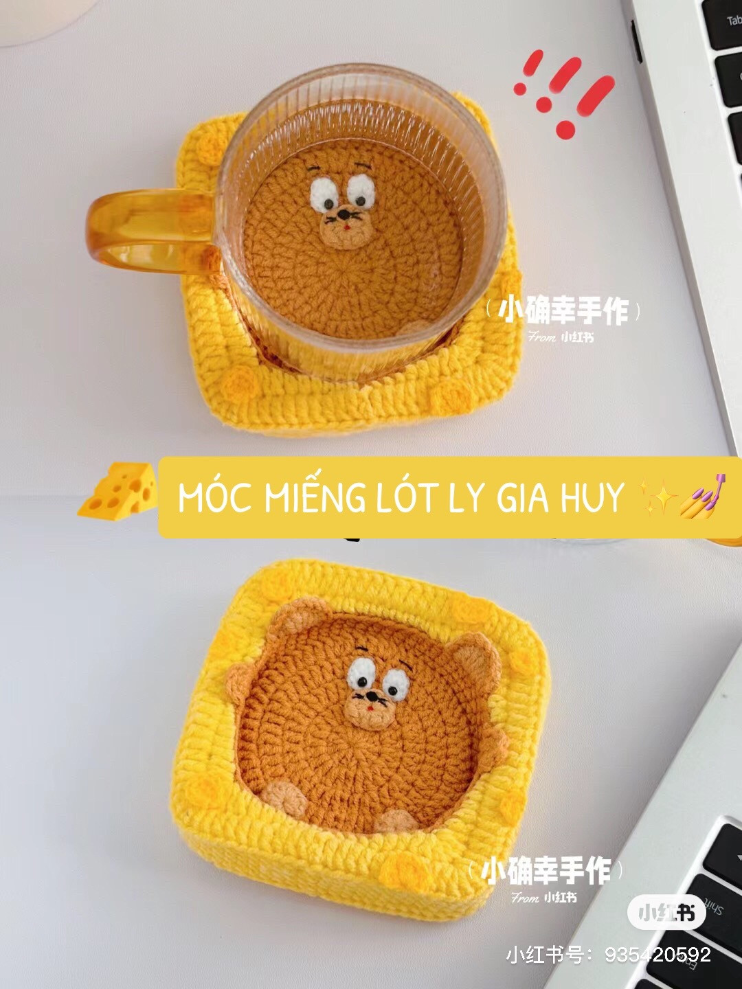 Chart móc lót ly hình chuột Gia Huy màu vàng và nâu dễ thương