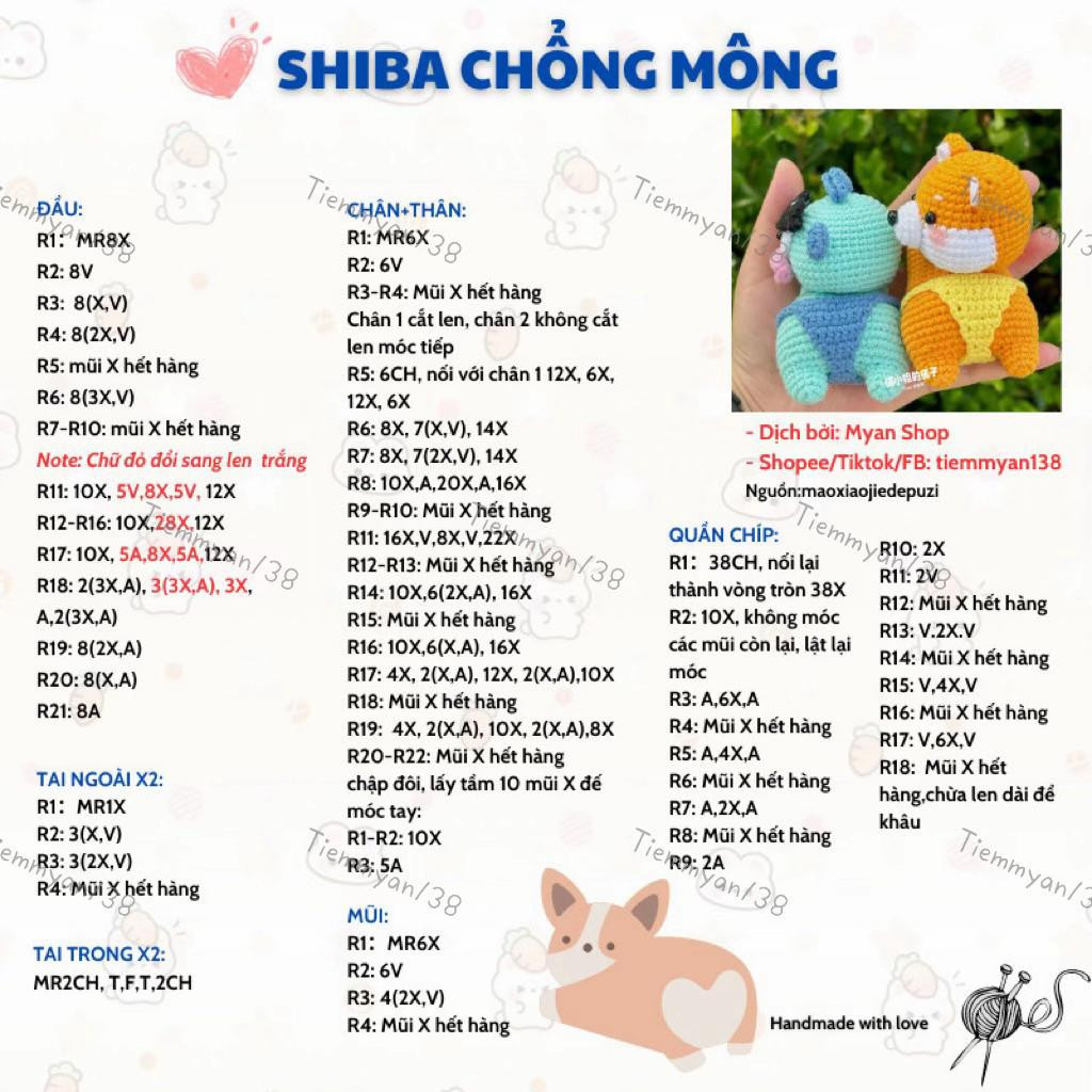 Chart móc miễn phí chú chó Shiba chổng mông đáng yêu màu cam và xanh
