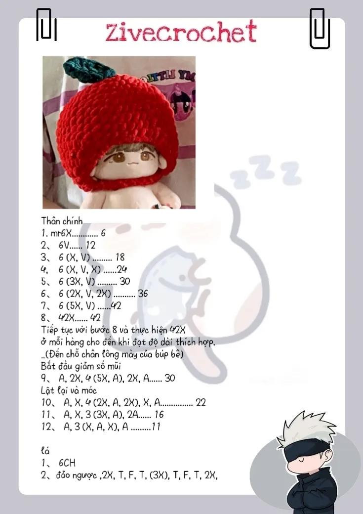 Chart móc mũ dâu tây cho búp bê Zivecrochet