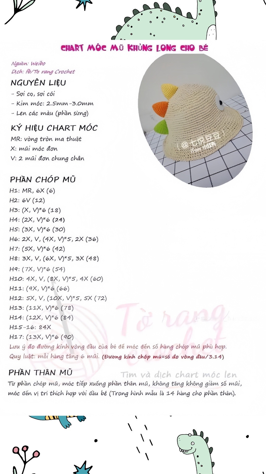Chart móc mũ khủng long cho bé nhiều màu sắc