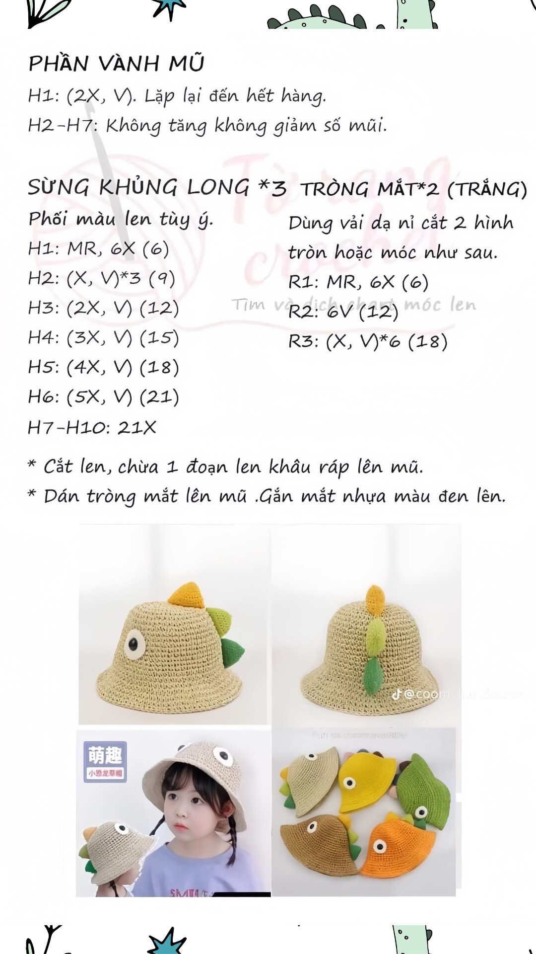 Chart móc mũ khủng long cho bé nhiều màu sắc