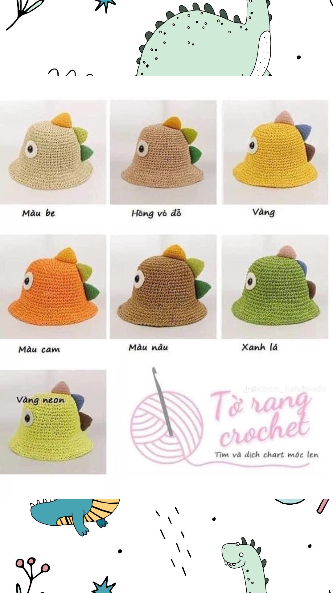 Chart móc mũ khủng long cho bé nhiều màu sắc