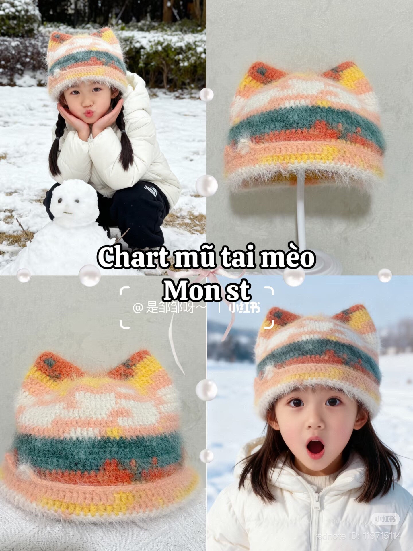 Chart móc mũ len tai mèo đơn sắc sặc sỡ cho trẻ em