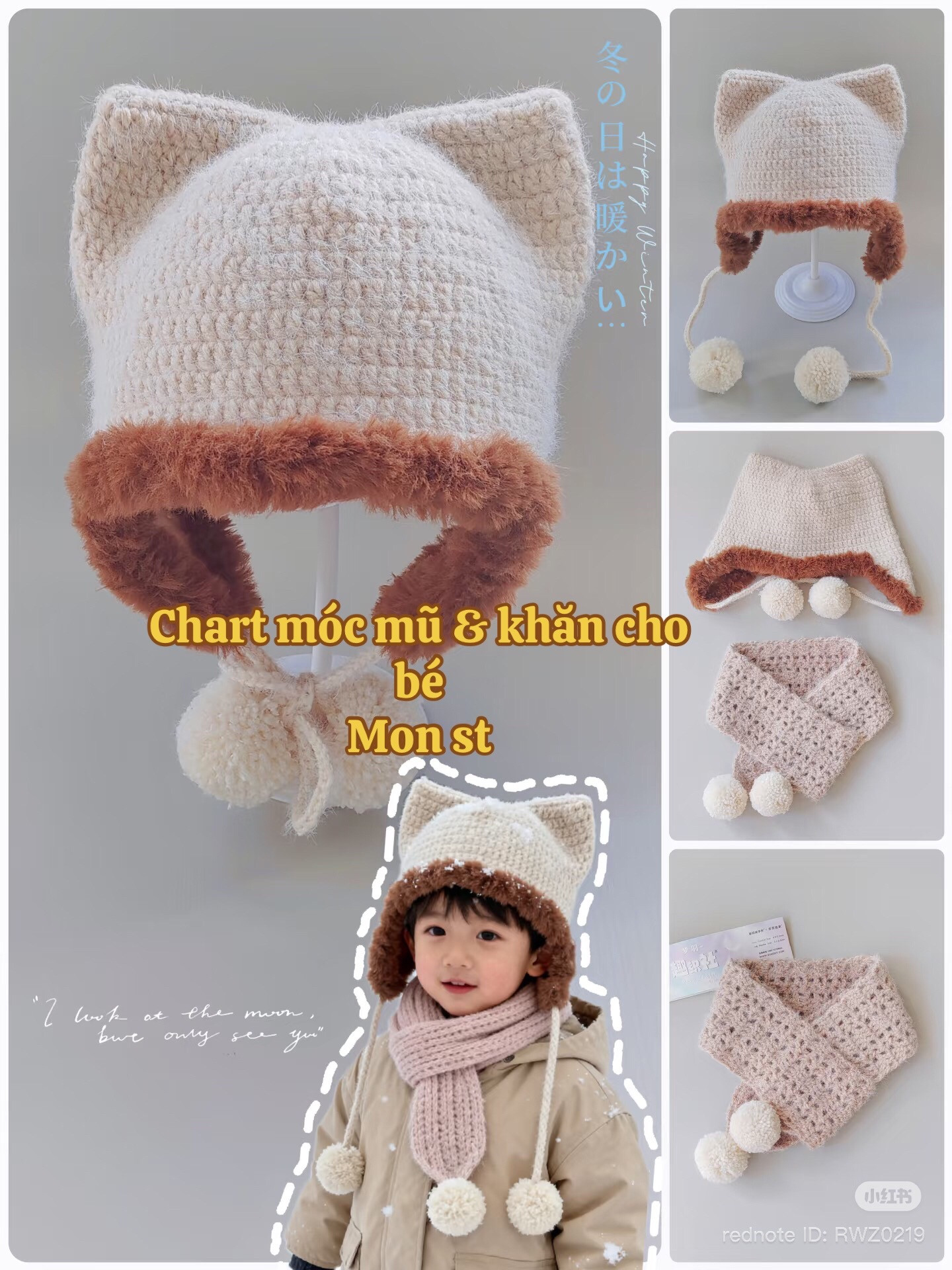 Chart móc mũ len tai mèo và khăn cho bé - Mon st