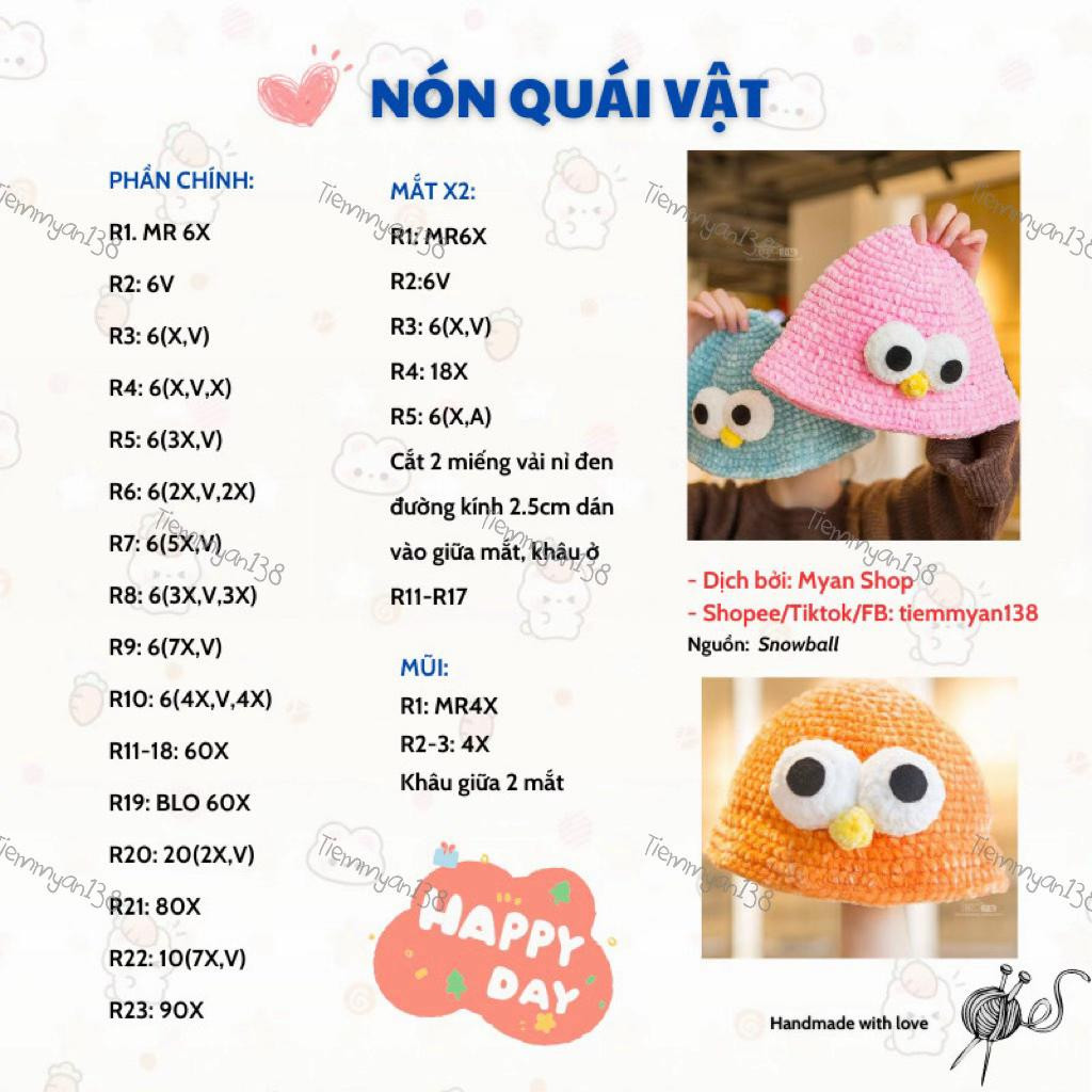 Chart Móc Nón Quái Vật Mắt Lớn Màu Hồng Xanh Cam