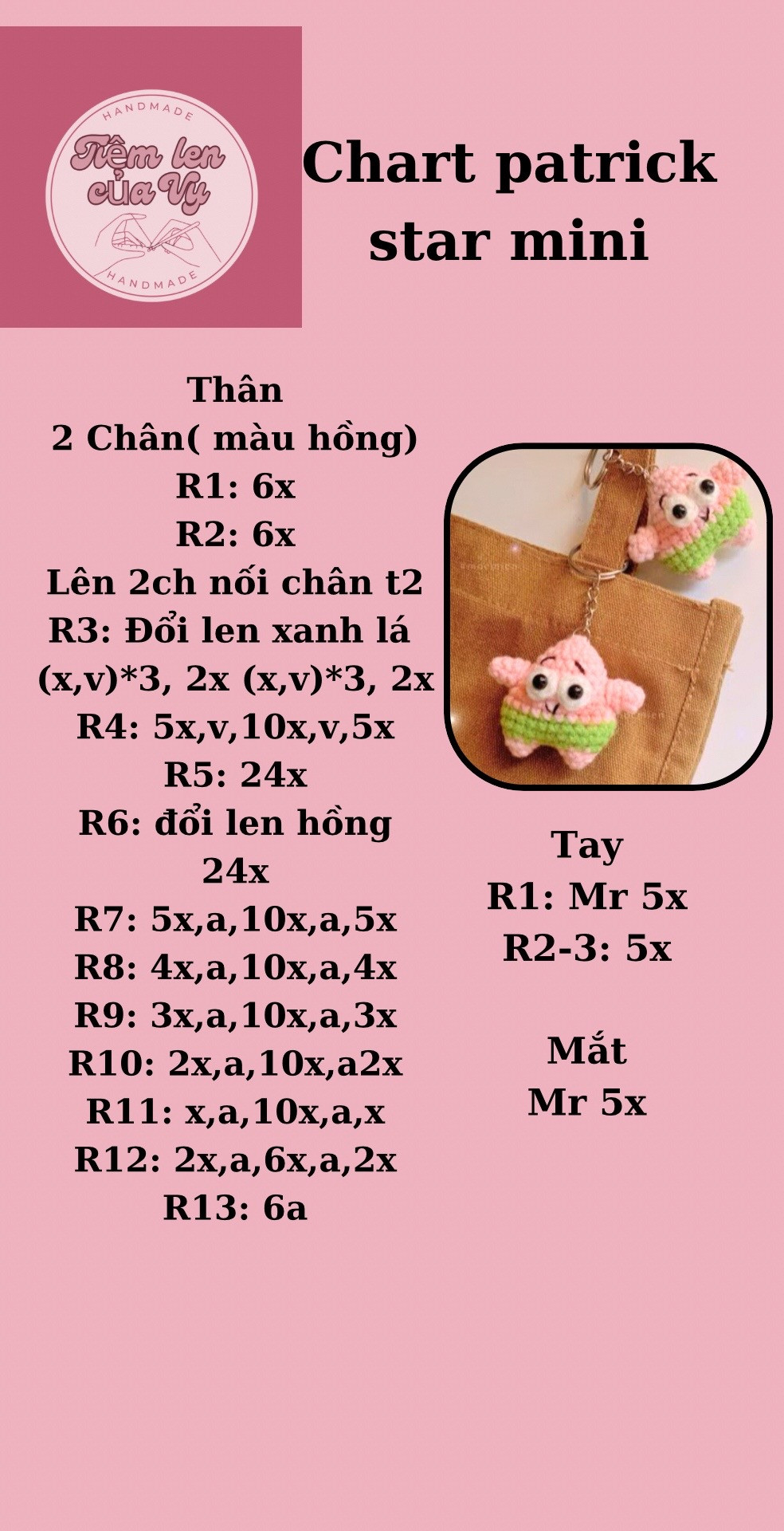 Chart móc Patrick Star mini màu hồng xanh lá