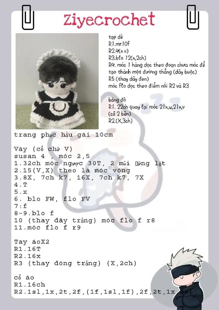 Chart móc trang phục hầu gái cho búp bê 10cm