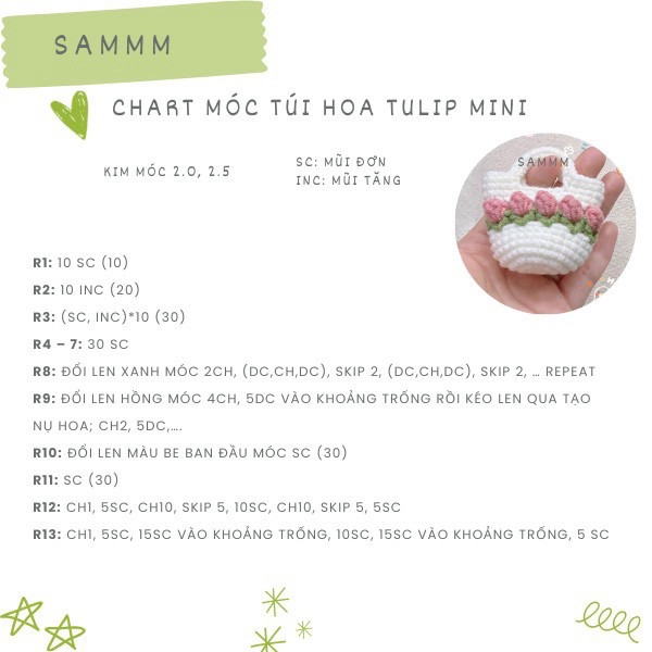 Chart móc túi hoa tulip mini màu trắng hồng xanh