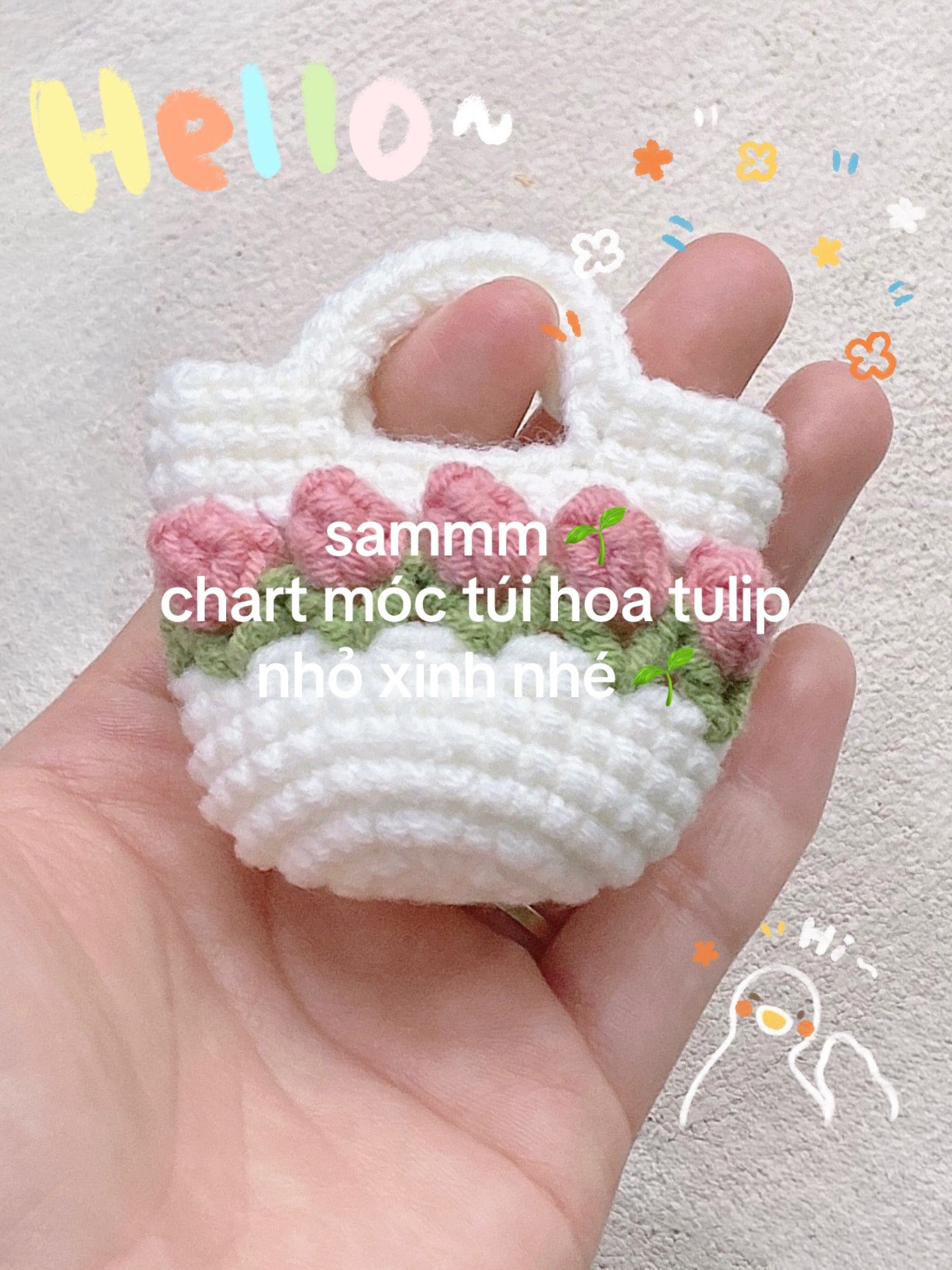 Chart móc túi hoa tulip mini màu trắng hồng xanh
