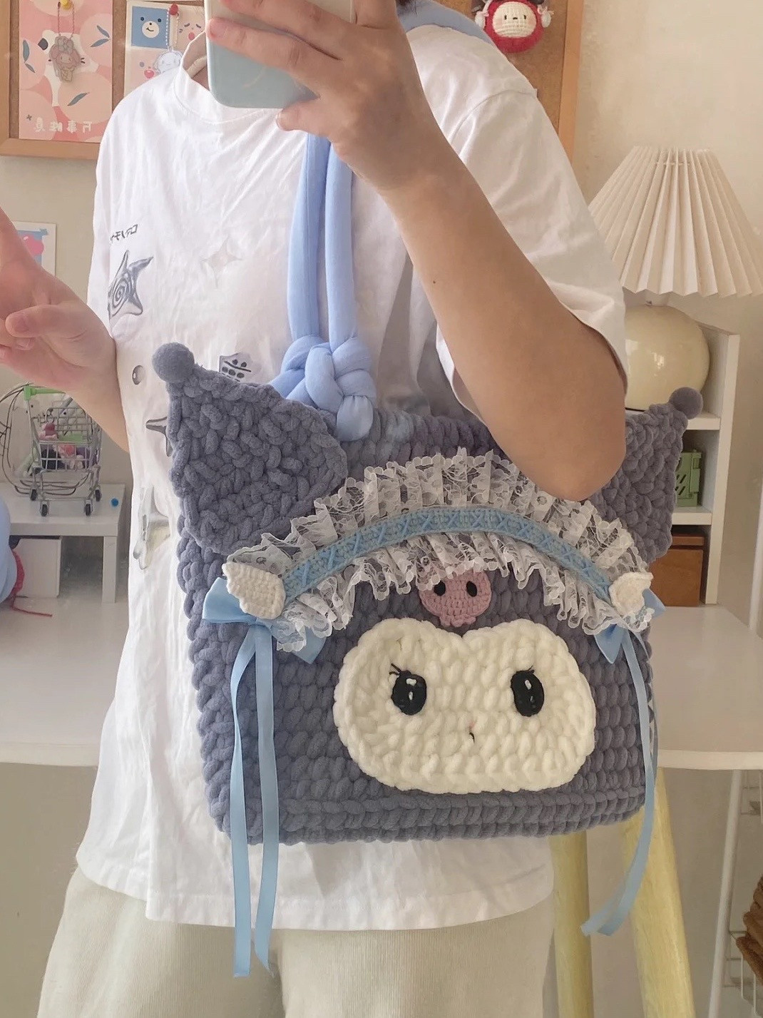 Chart móc túi Kuromi len nhung xám xanh