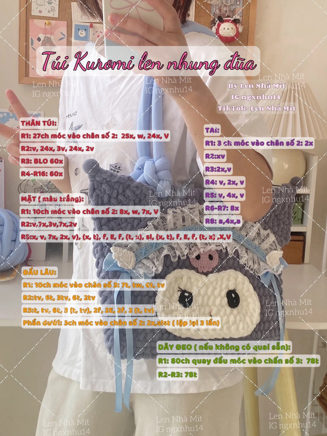 Chart móc túi Kuromi len nhung xám xanh