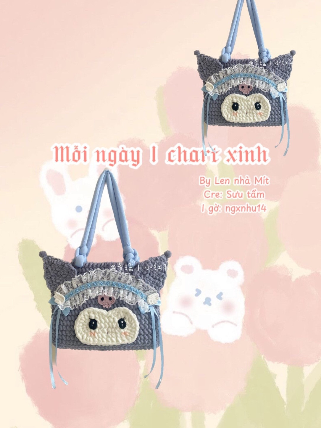 Chart móc túi Kuromi len nhung xám xanh