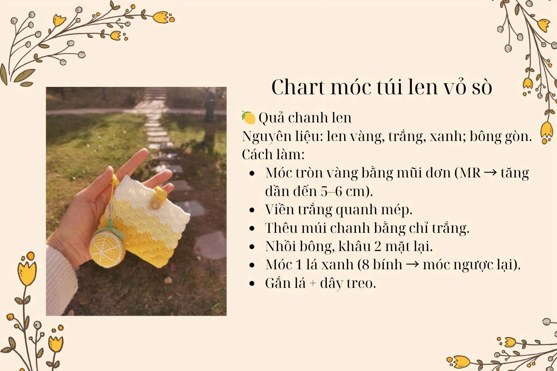 Chart móc túi len vỏ sò màu vàng trắng và quả chanh