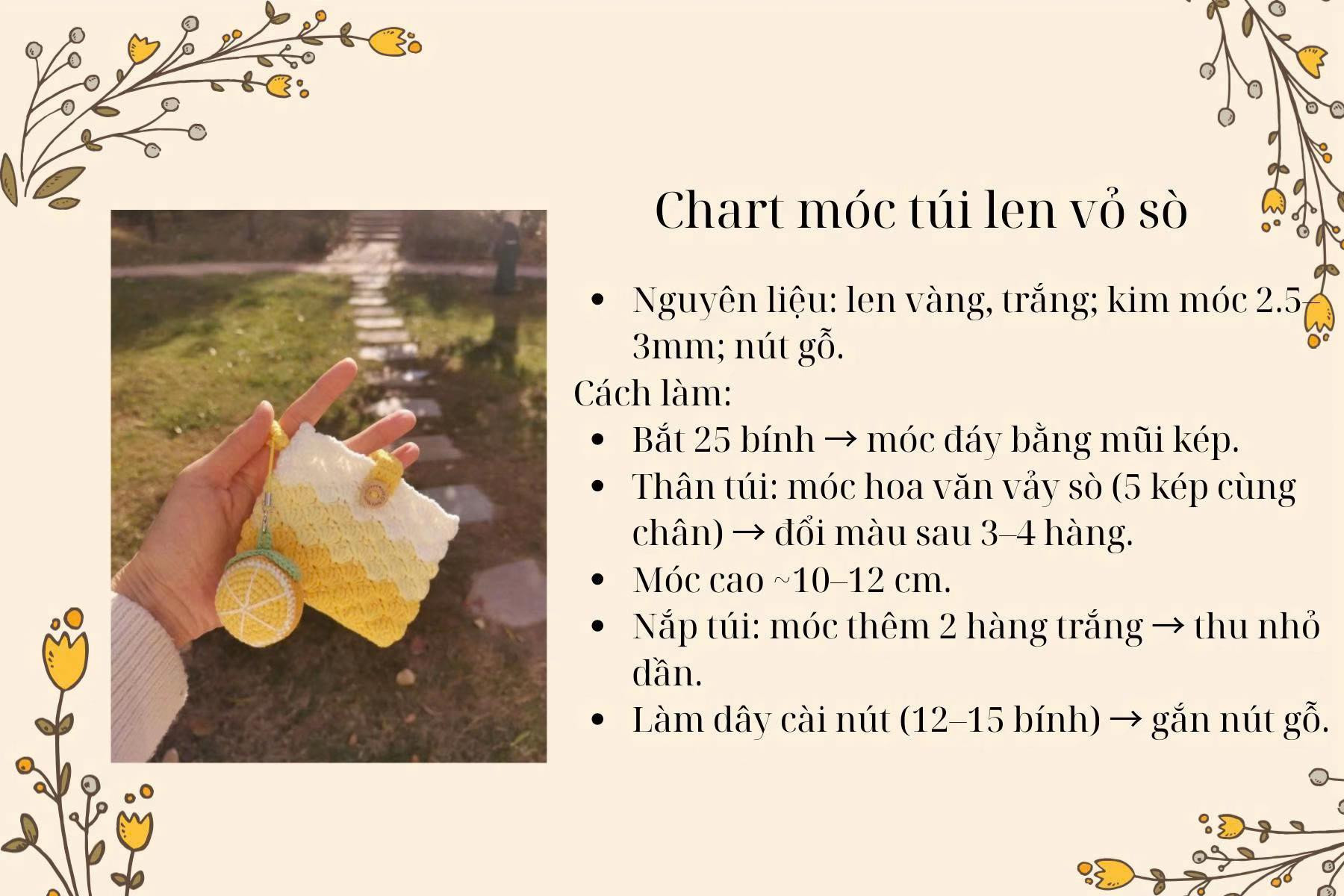 Chart móc túi len vỏ sò màu vàng trắng và quả chanh