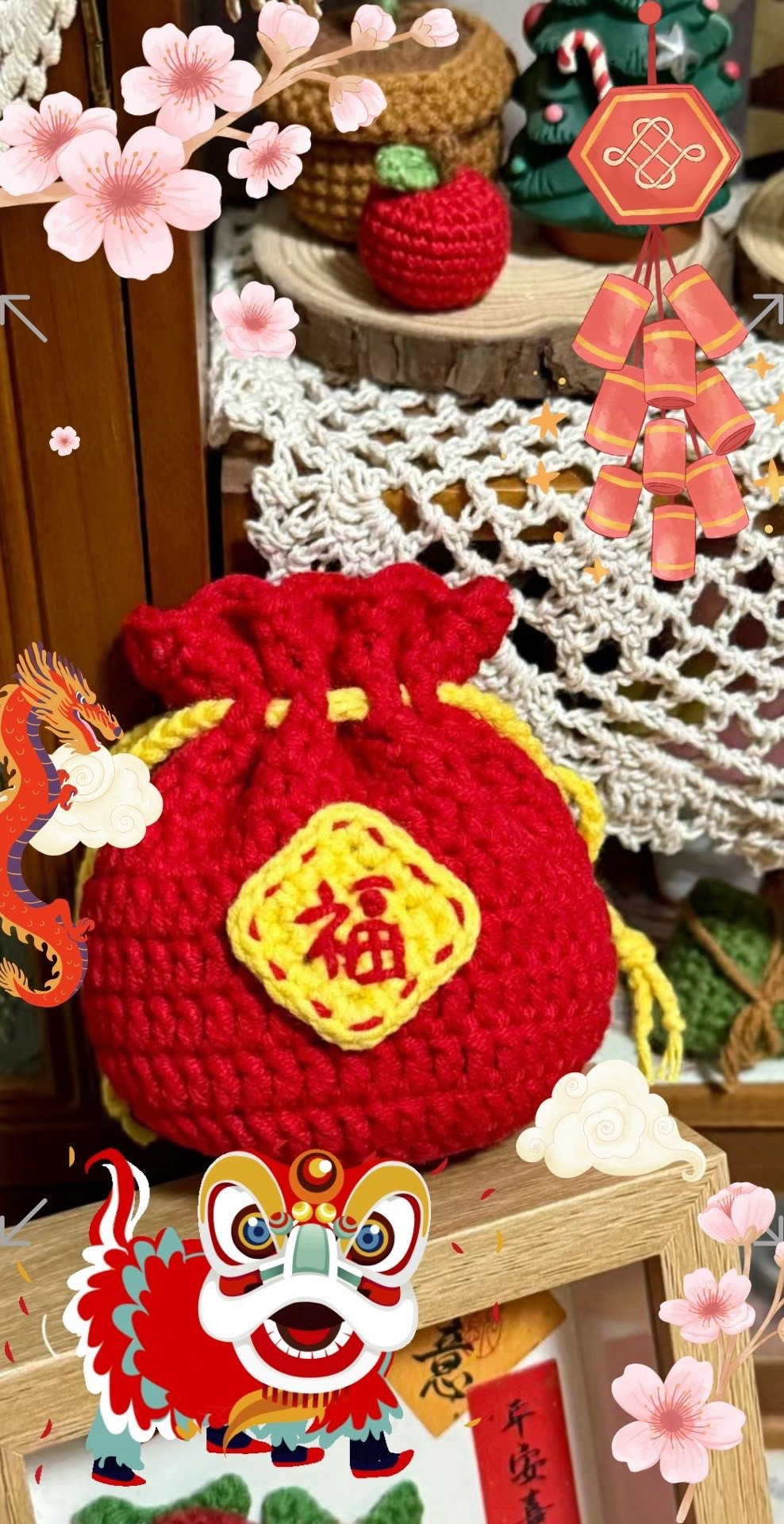 Chart móc túi tiền lì xì mini màu đỏ vàng