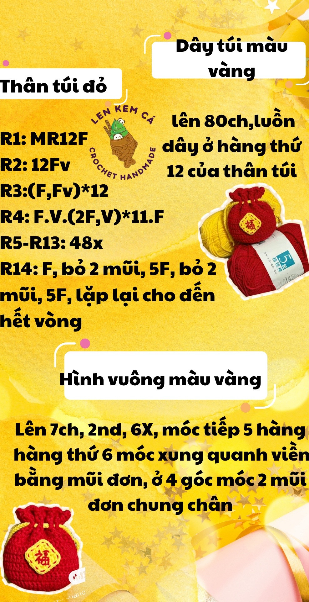Chart móc túi tiền lì xì mini màu đỏ vàng
