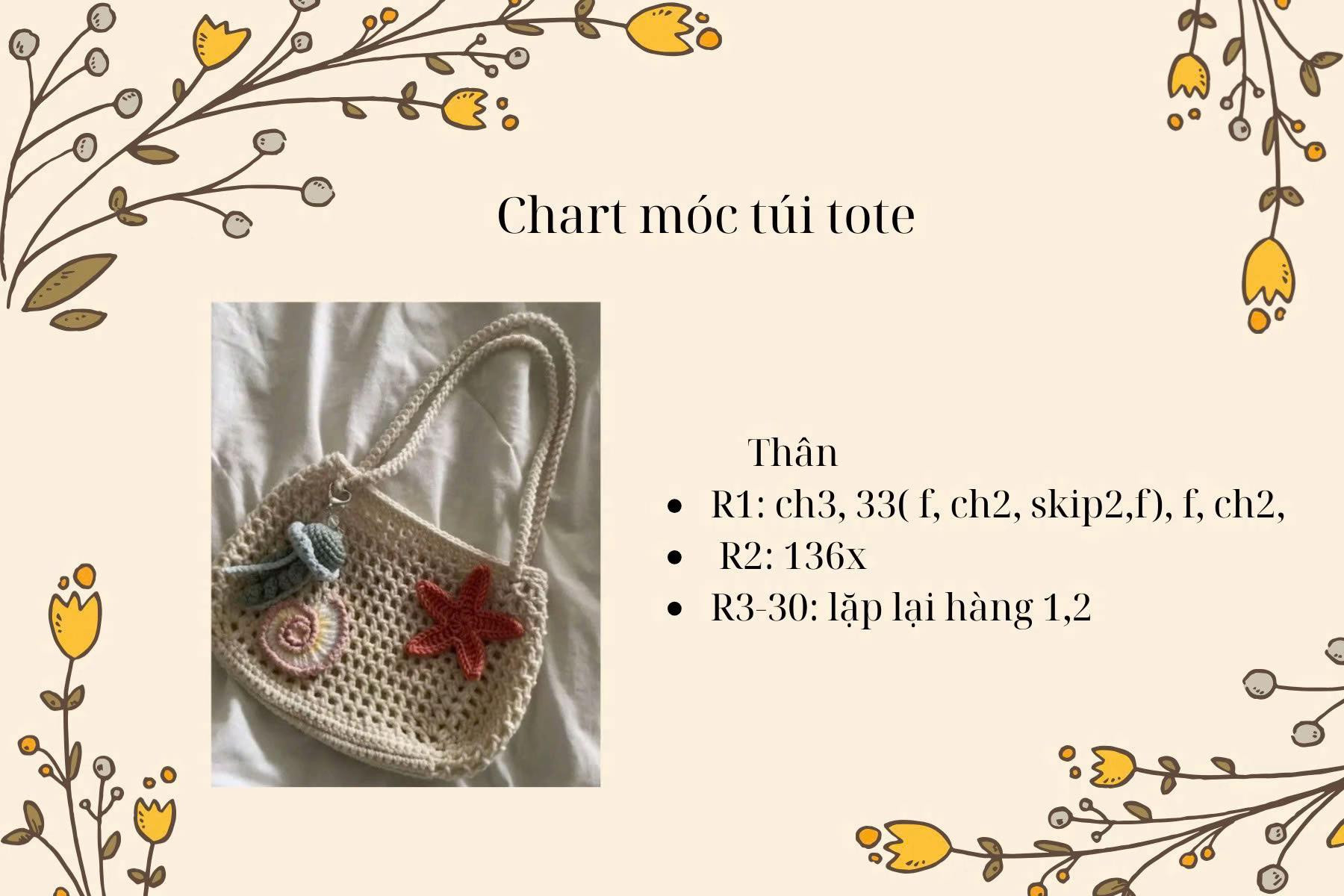 Chart móc túi tote biển họa tiết sao biển và vỏ sò