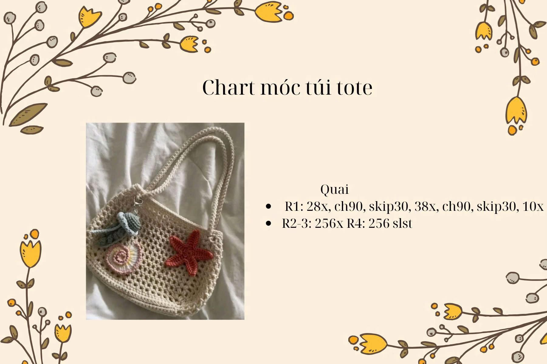 Chart móc túi tote biển họa tiết sao biển và vỏ sò