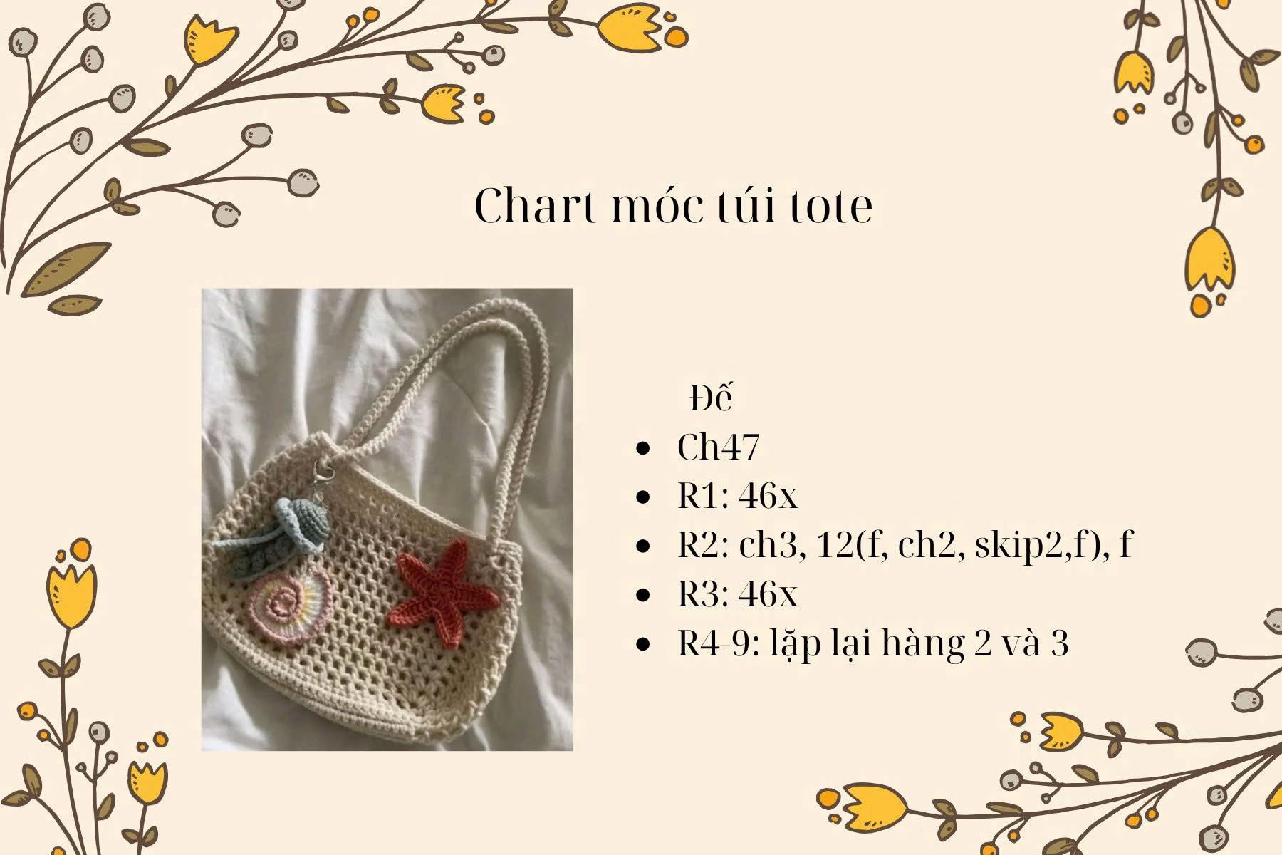 Chart móc túi tote biển họa tiết sao biển và vỏ sò