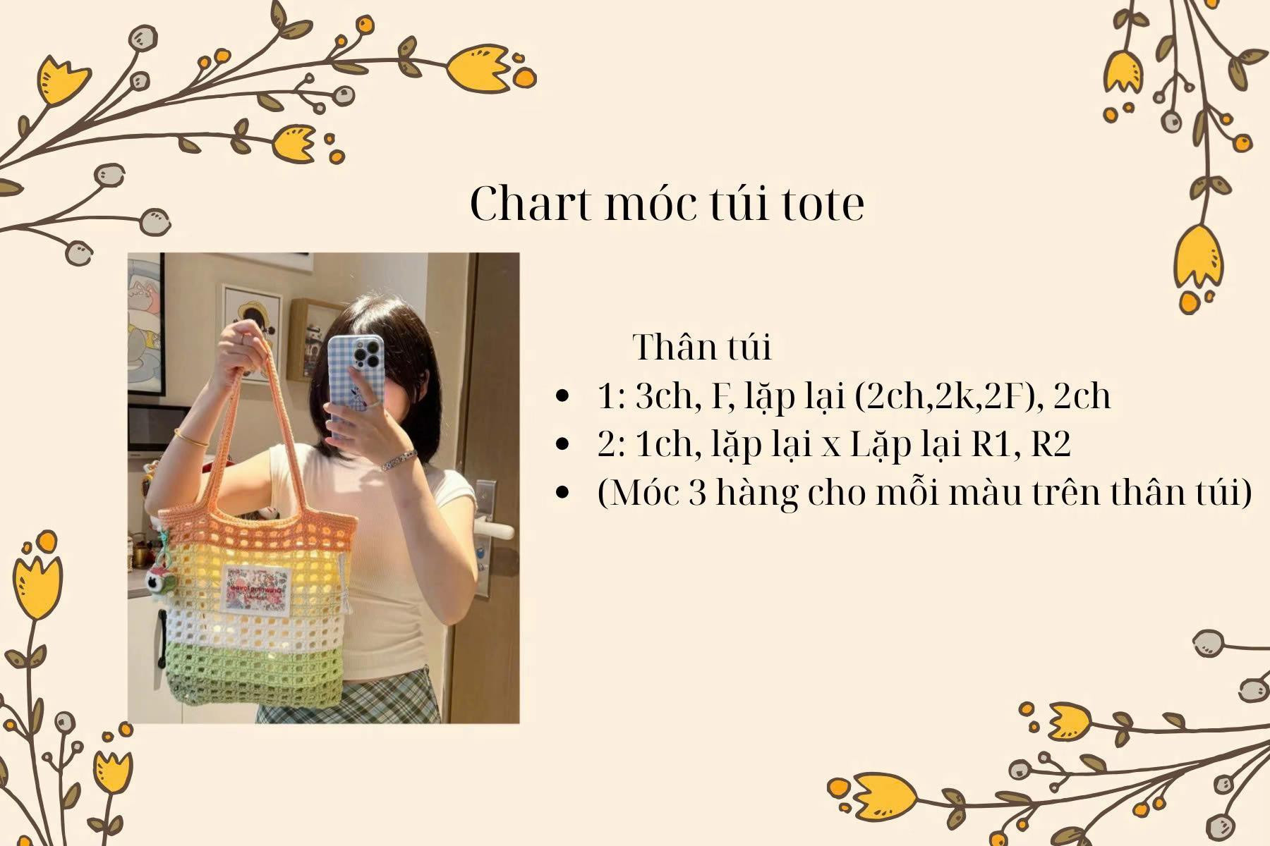 Chart móc túi tote lưới màu sắc