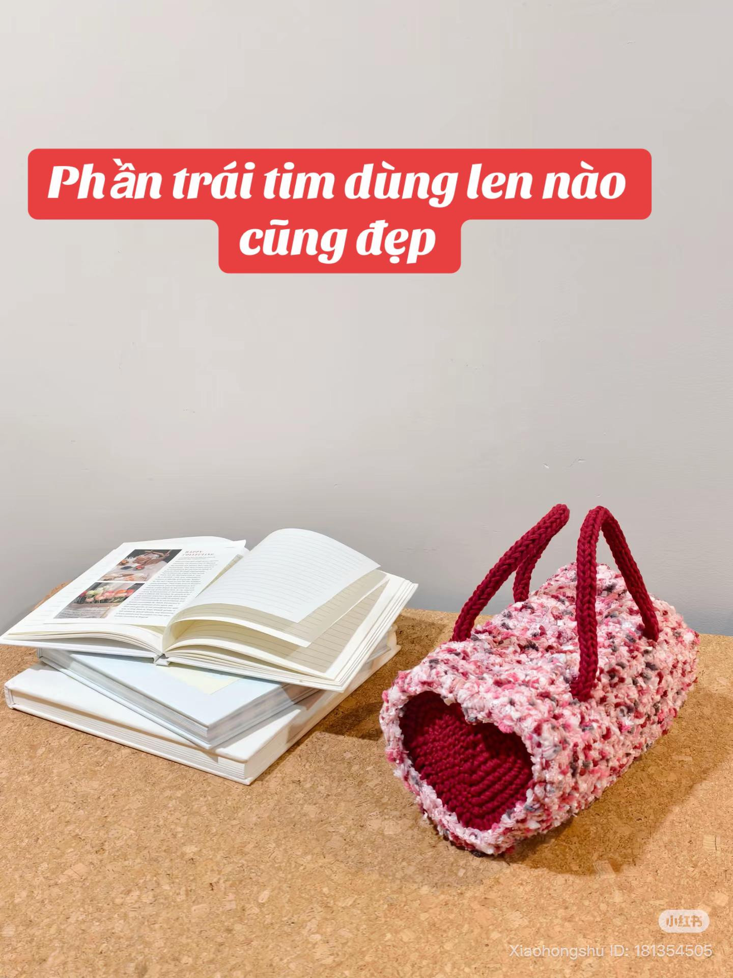 Chart móc túi trái tim len thiết kế hồng đỏ
