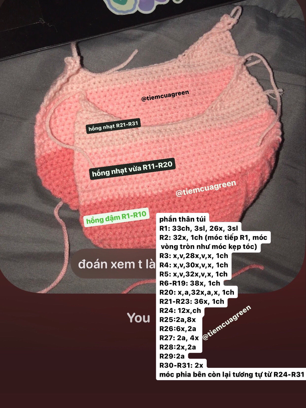 Chart móc túi xách dâu tây màu hồng gradient, len milk cotton, kim 3mm