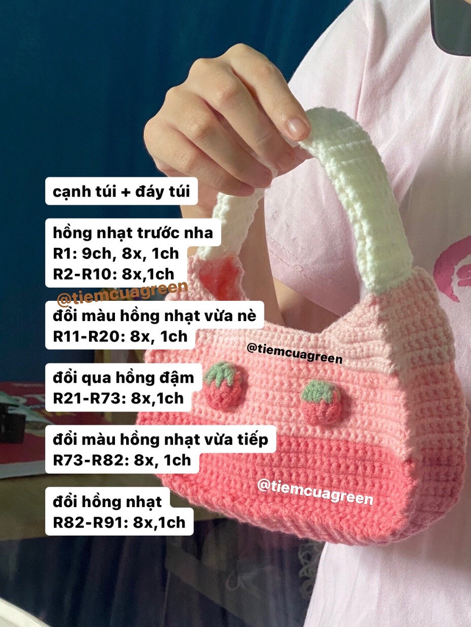 Chart móc túi xách dâu tây màu hồng gradient, len milk cotton, kim 3mm