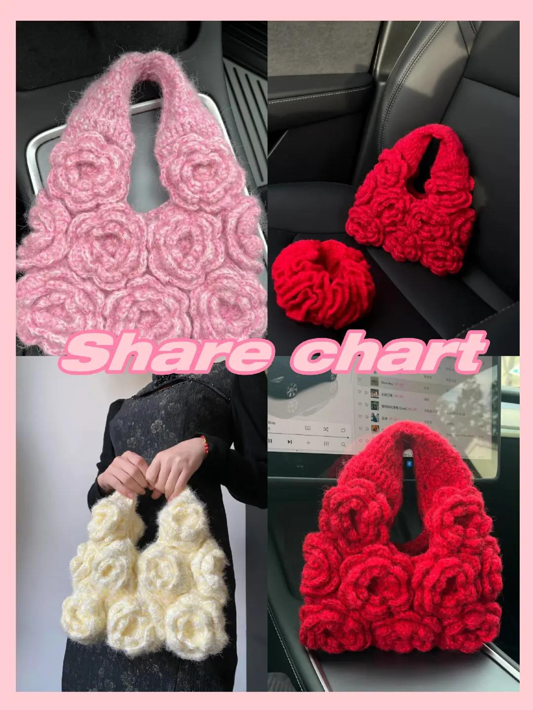 Chart móc túi xách hoa hồng 3D len lông xù