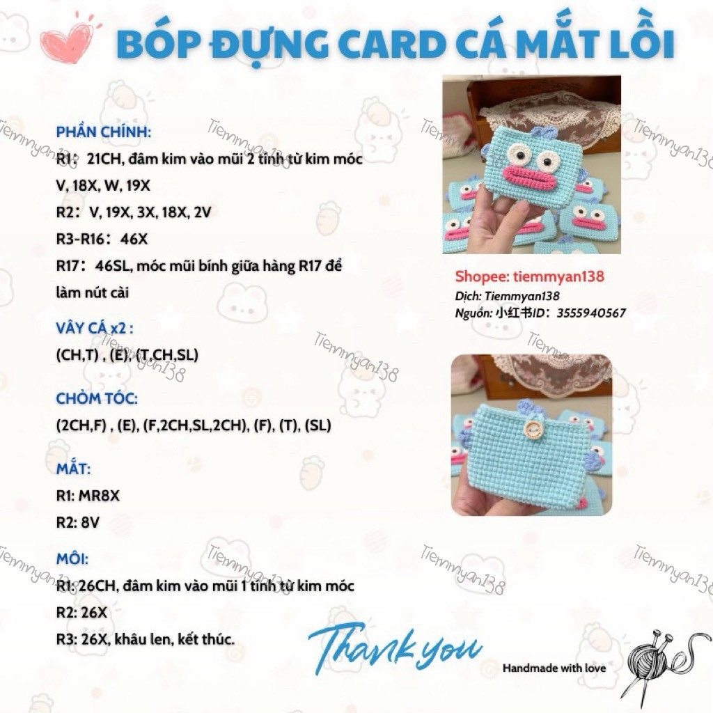 Chart móc ví đựng card cá mặt lồi màu xanh