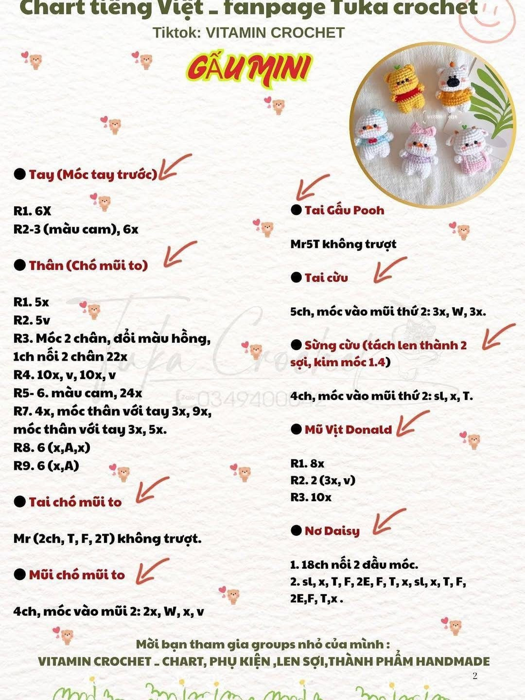 Chart tiếng Việt móc thú mini: Gấu Pooh, Donald, Daisy và Cừu