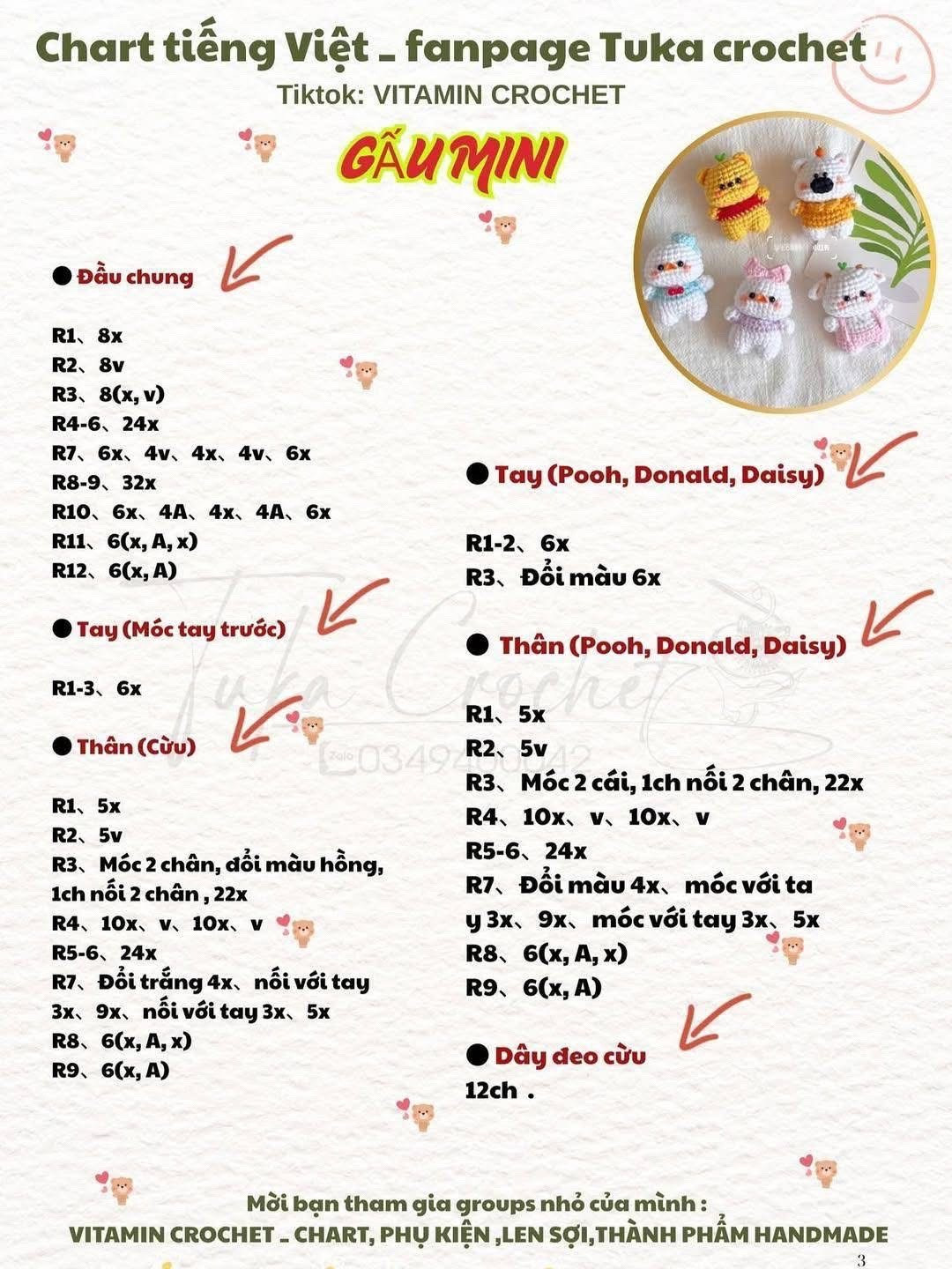 Chart tiếng Việt móc thú mini: Gấu Pooh, Donald, Daisy và Cừu