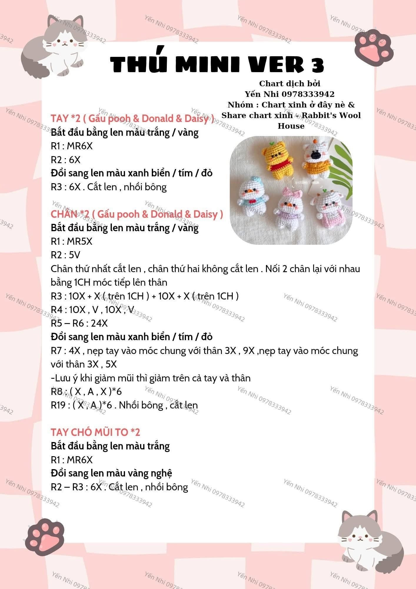 Chart tiếng Việt móc thú mini: Gấu Pooh, Donald, Daisy và Cừu