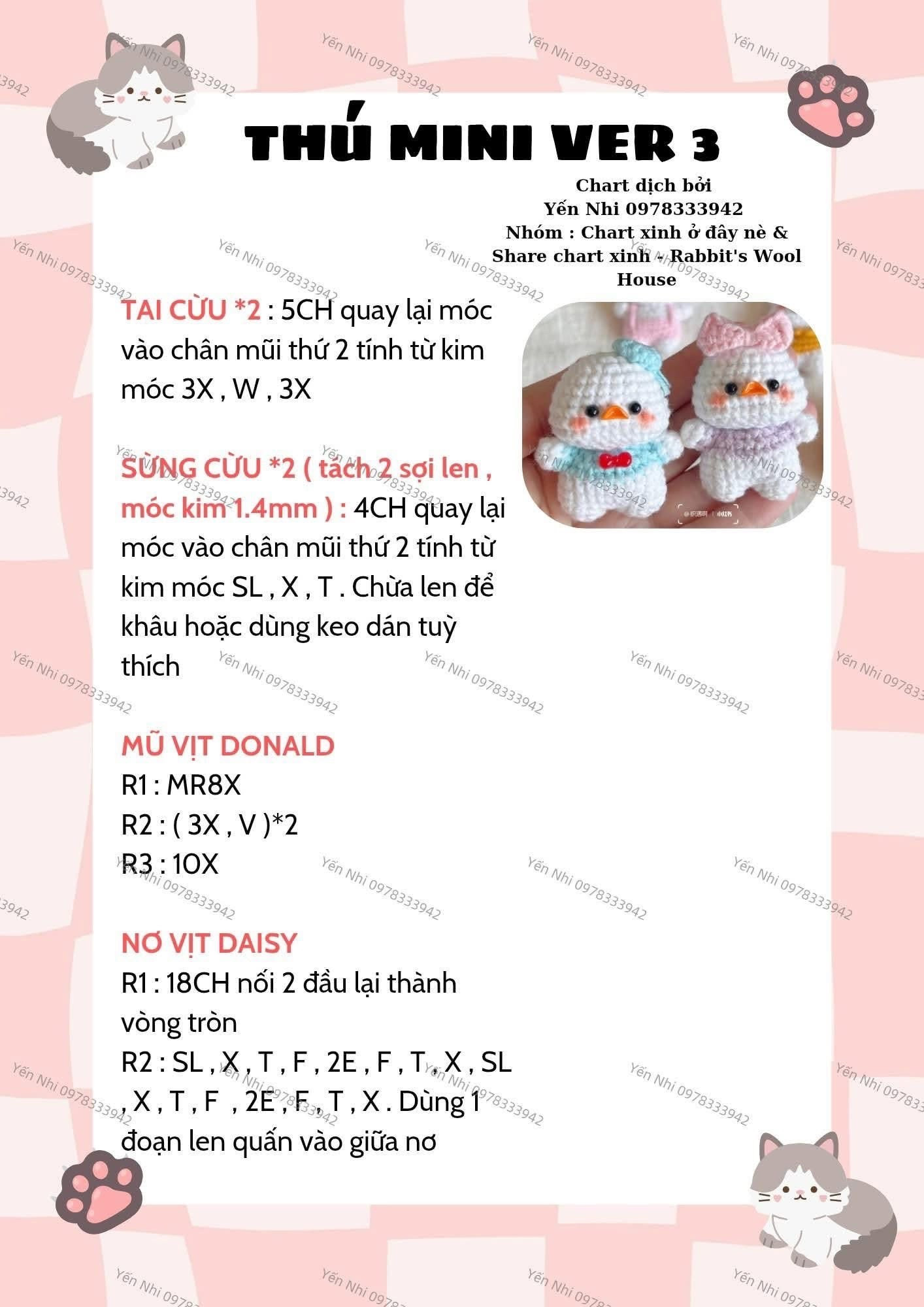 Chart tiếng Việt móc thú mini: Gấu Pooh, Donald, Daisy và Cừu